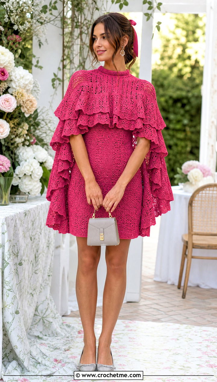 Crochet Ruffled Cape Dress With Ballet Flats - 25 Fantasy Crochet Clothing and outfit ideas
