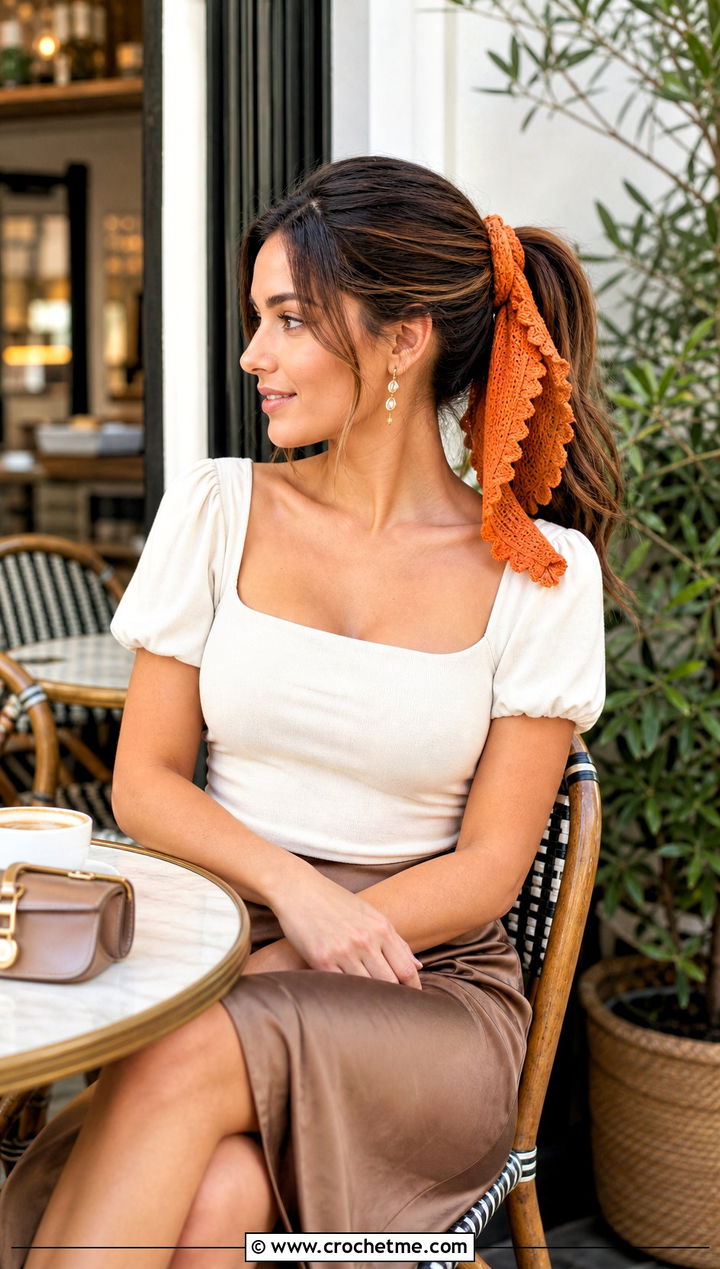 Crochet Ruffled Edge Hair Tie Scarf With Midi Skirt - 20 crochet hair tie scarf outfit ideas