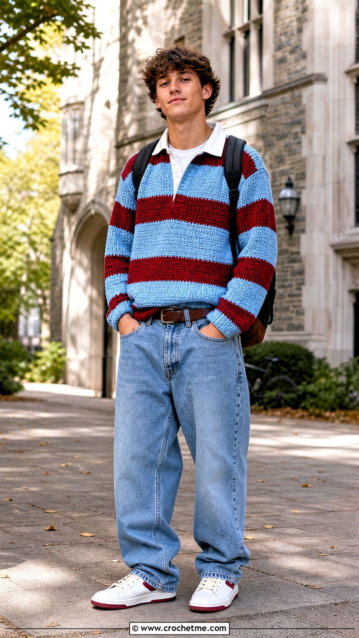 Crochet Rugby Shirt With Baggy Jeans - 35 crochet shirts for men outfit ideas