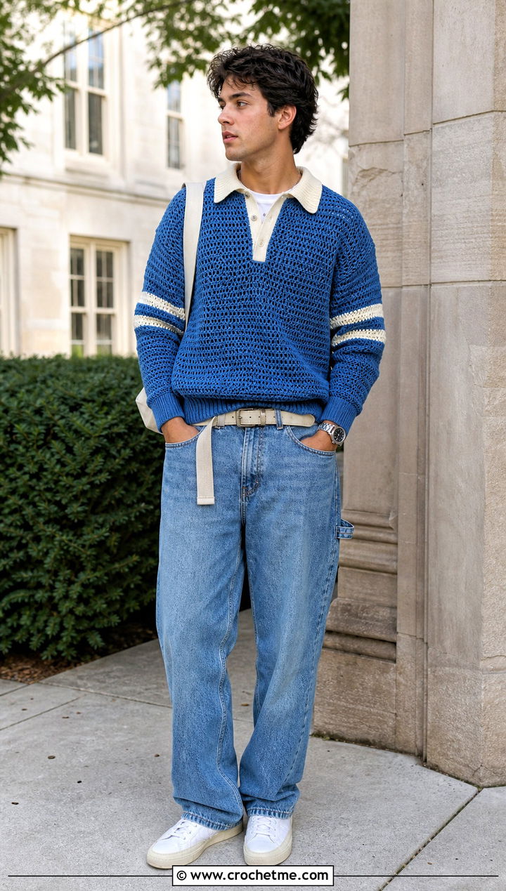 Crochet Rugby Shirt With Carpenter Jeans - 35 crochet man shirt outfit ideas