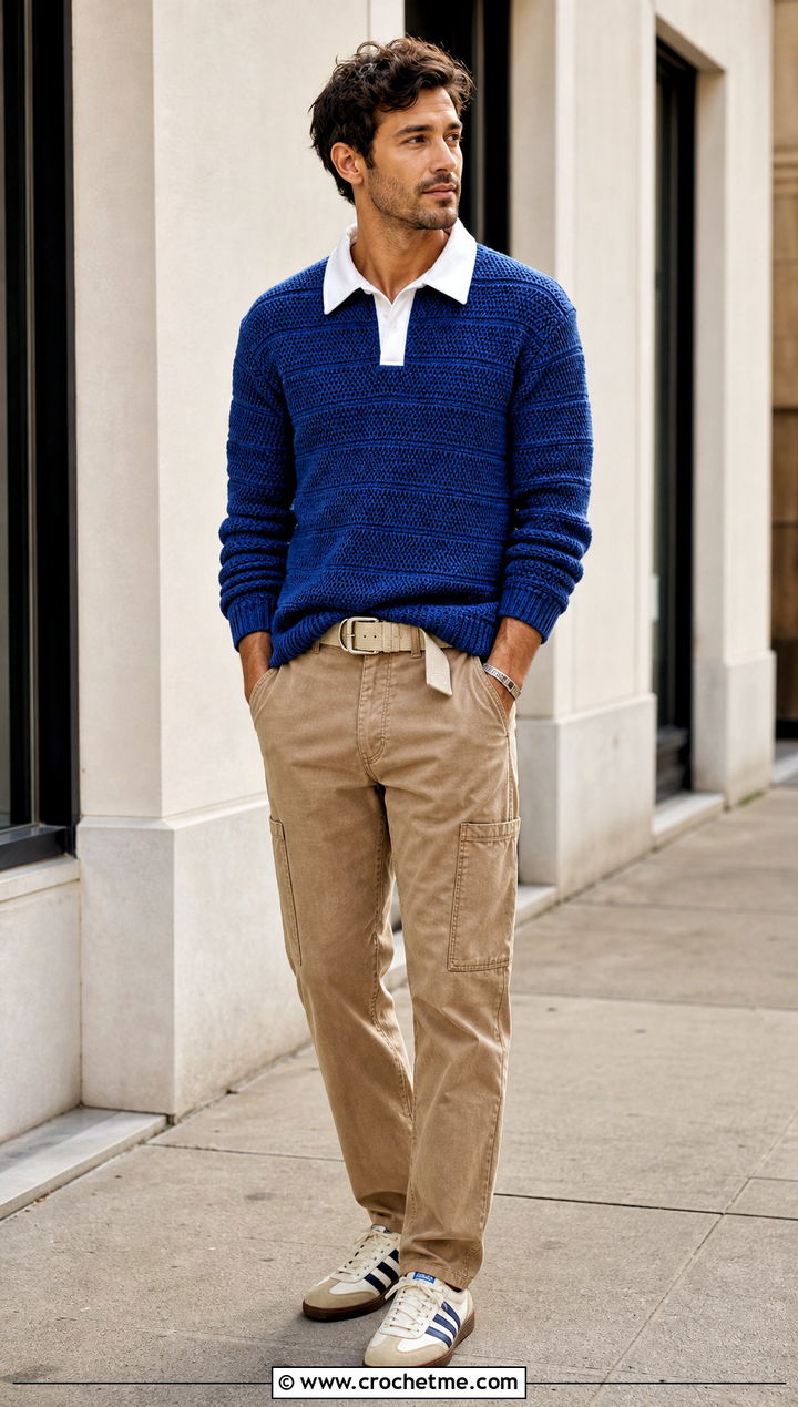 Crochet Rugby Shirt With Carpenter Pants - 30 Mens Crochet Outfit ideas