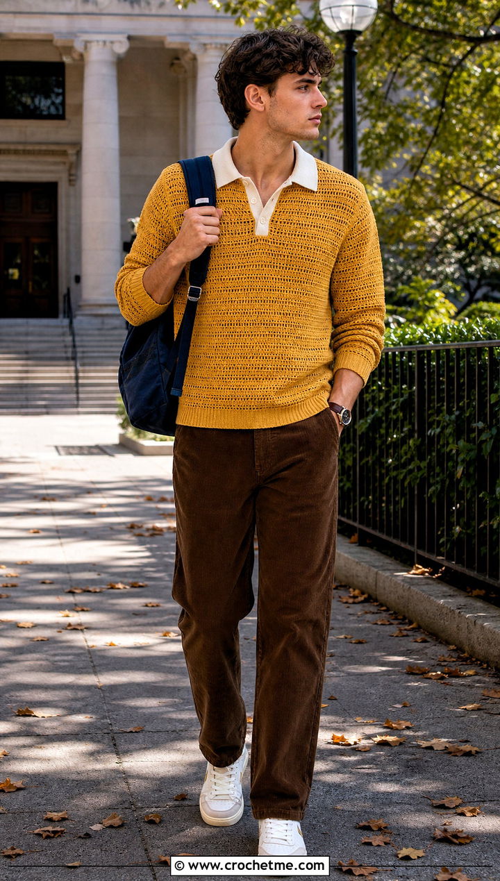 Crochet Rugby Shirt With Corduroy Pants - 15 men crochet clothes and outfit ideas