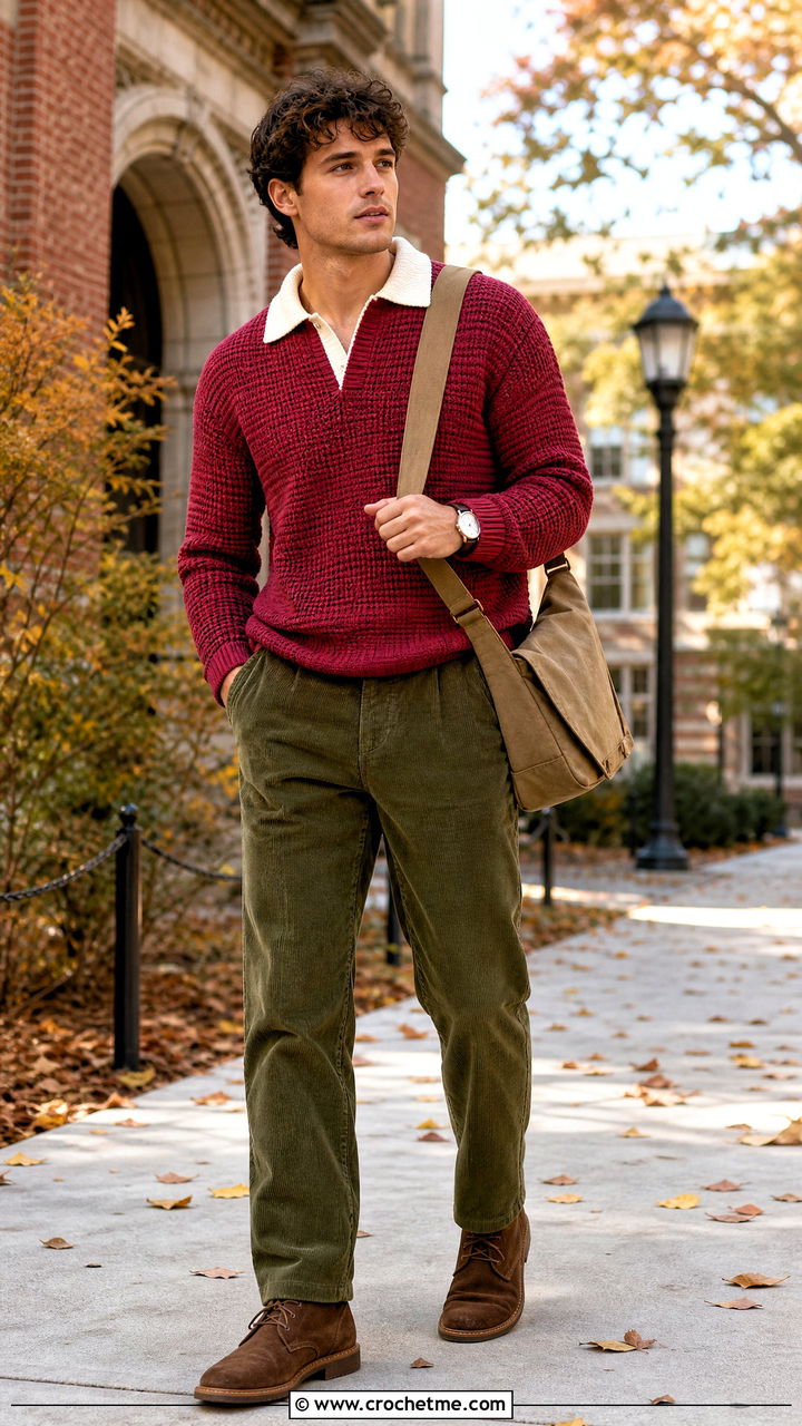 Crochet Rugby Shirt With Corduroy Trousers - 35 crochet mens shirt outfit ideas