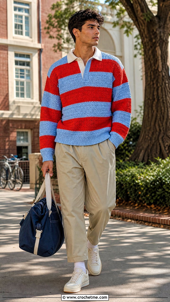 Crochet Rugby Shirt With Loose Chinos - 35 crochet clothes for men outfit ideas