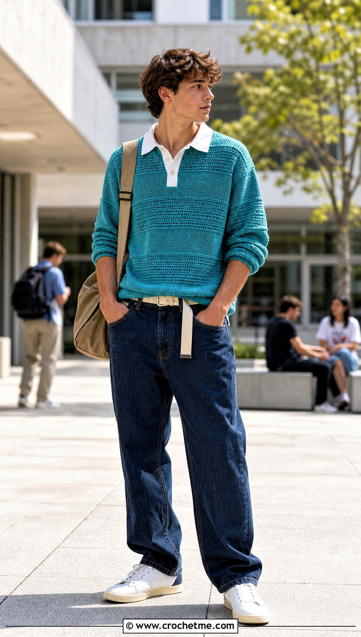 Crochet Rugby Shirt With Relaxed Jeans - 25 crochet men's clothes and outfit ideas