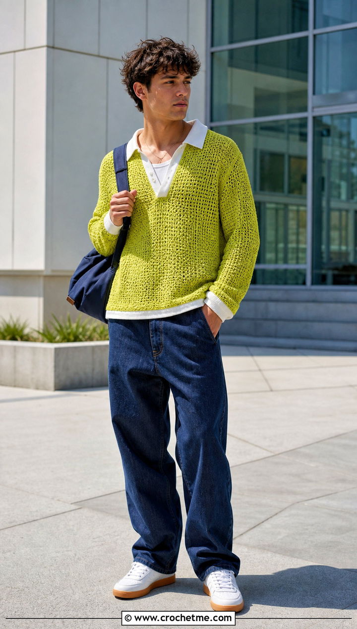 Crochet Rugby Shirt With Relaxed Jeans - 30 men crochet top outfit ideas
