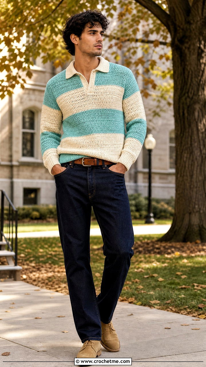Crochet Rugby Shirt With Straight Leg Jeans - 35 crochet top for men outfit ideas