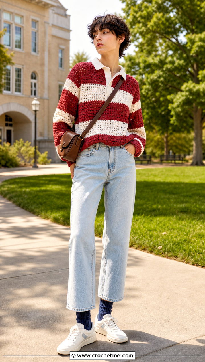 Crochet Rugby Shirt With Straight Leg Jeans - 30 Masc Crochet Clothes and outfit ideas