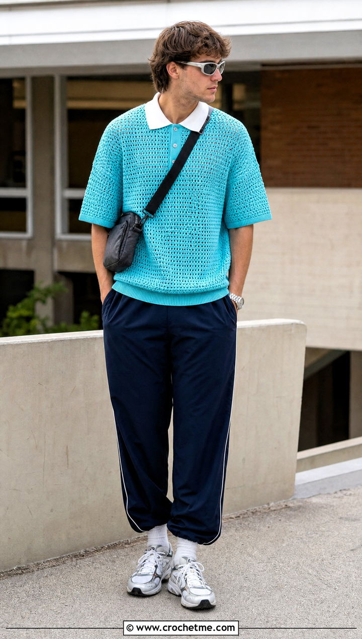 Crochet Rugby Shirt With Track Pants - 35 men's crochet shirt outfit ideas