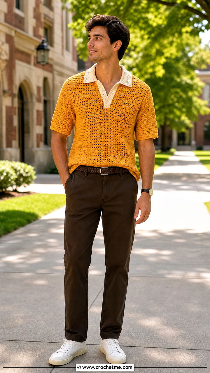 Crochet Rugby Shirt With Twill Pants And Sneakers - 35 crochet shirt men outfit ideas
