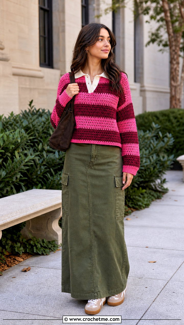 Crochet Rugby Sweater With Cargo Maxi Skirt - 35 Modest Crochet Outfit Ideas
