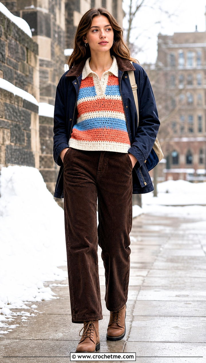 Crochet Rugby Sweater With Corduroy Pants - 30 crochet clothes for winter outfit ideas