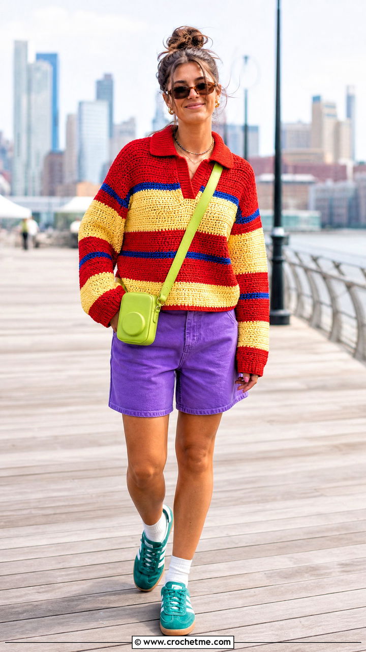 Crochet Rugby Sweater With Denim Bermuda Shorts - 35 crochet outfits ideas