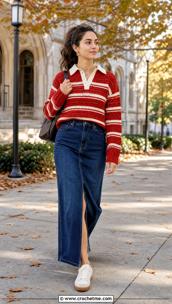 Crochet Rugby Sweater With Denim Maxi Skirt - 25 Autumn Crochet Outfit ideas