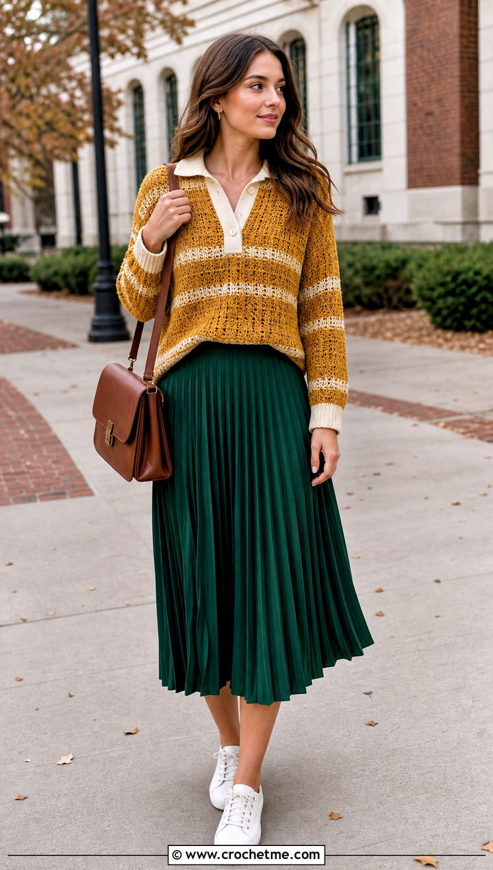 Crochet Rugby Sweater With Pleated Midi Skirt - 25 Fall Crochet Outfit Ideas