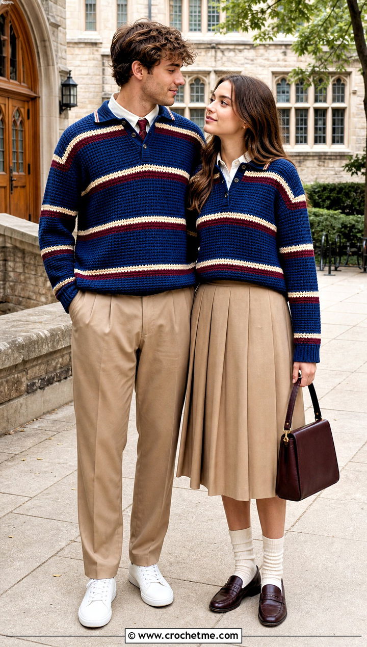 Crochet Rugby Sweaters With Preppy Separates - 30 couples crochet outfit ideas