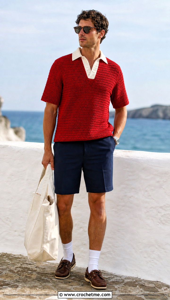 Crochet Rugby Top With Bermuda Shorts - 35 Mens Crochet Top outfit ideas