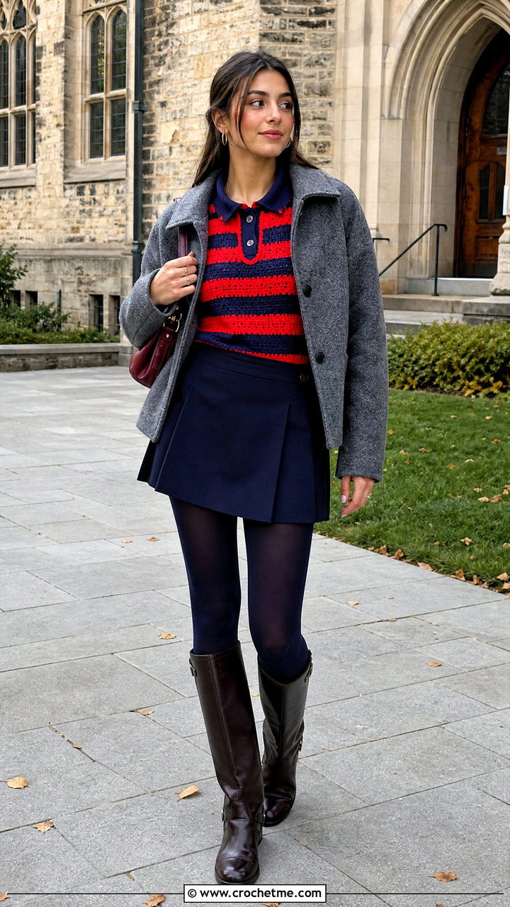Crochet Rugby Top With Mini Skirt And Boots - 35 crochet fall top outfit ideas