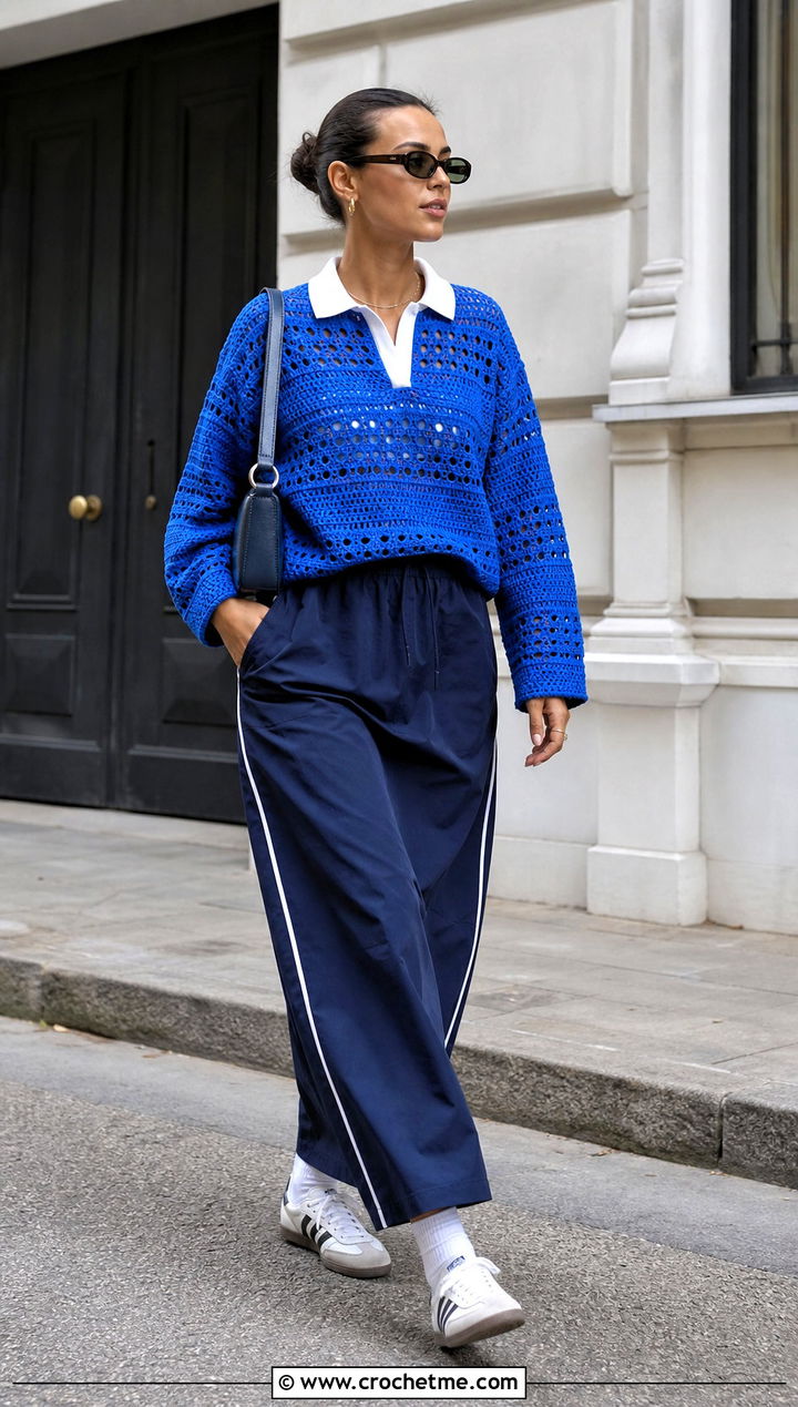 Crochet Rugby Top With Track Maxi Skirt - 30 crochet top and long skirt outfit ideas