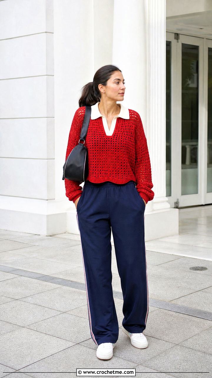 Crochet Rugby Top With Track Pants - 35 crochet top for women outfit ideas