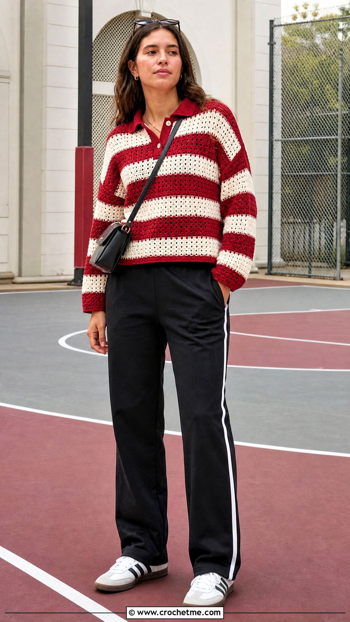 Crochet Rugby Top With Track Pants - 35 easy crochet tops outfit ideas