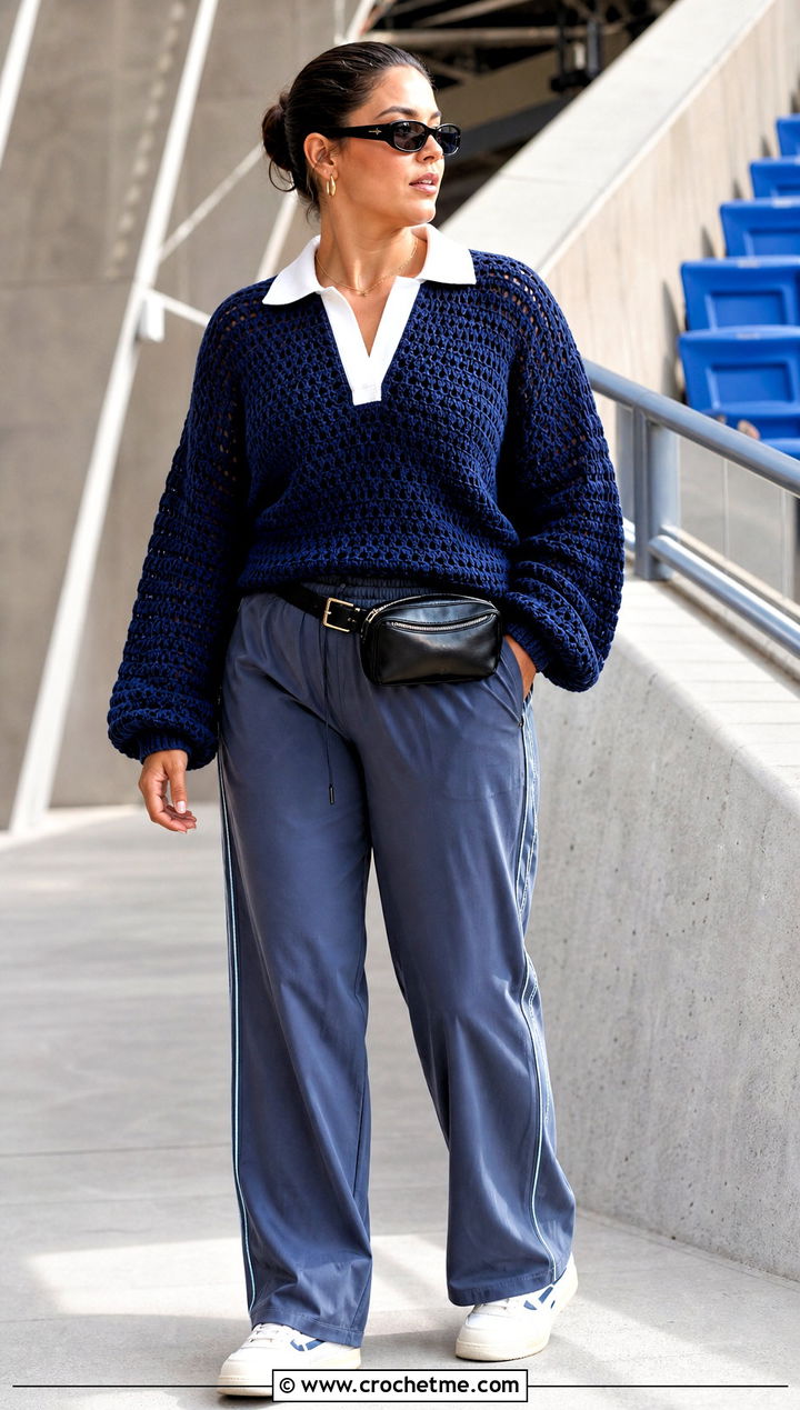 Crochet Rugby Top With Track Pants - 30 big bust crochet tops outfit ideas