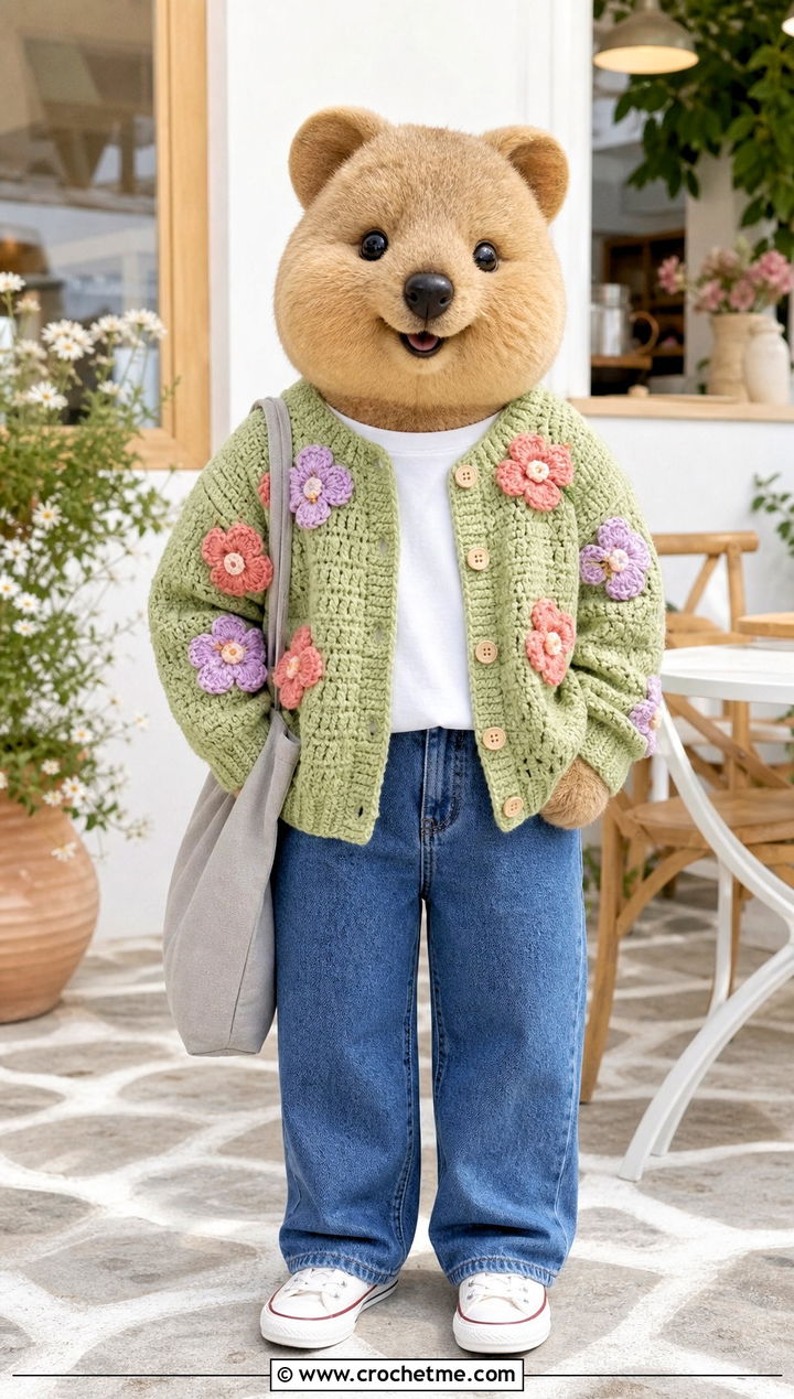 Crochet SKZOO Flower Applique Cardigan With Jeans - 30 Crochet Skzoo Clothes and outfit ideas