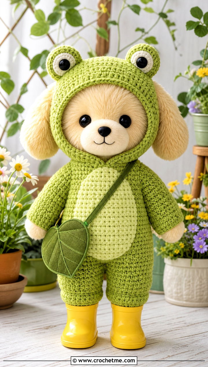 Crochet SKZOO Frog Hood Onesie With Mini Boots - 30 Crochet Skzoo Clothes and outfit ideas