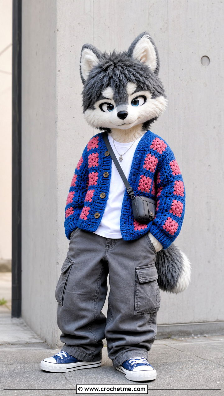 Crochet SKZOO Granny Square Cardigan With Cargo Pants - 30 Crochet Skzoo Clothes and outfit ideas