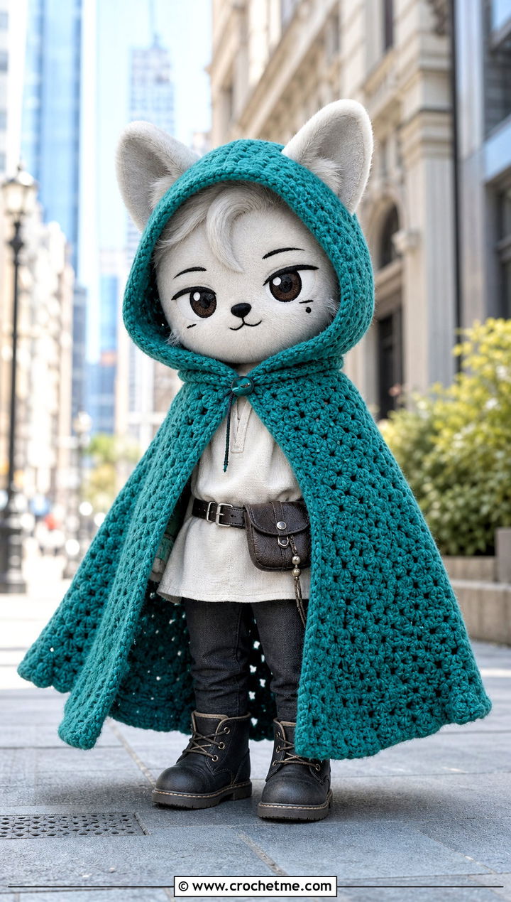 Crochet SKZOO Hooded Cape With Ankle Boots - 30 Crochet Skzoo Clothes and outfit ideas