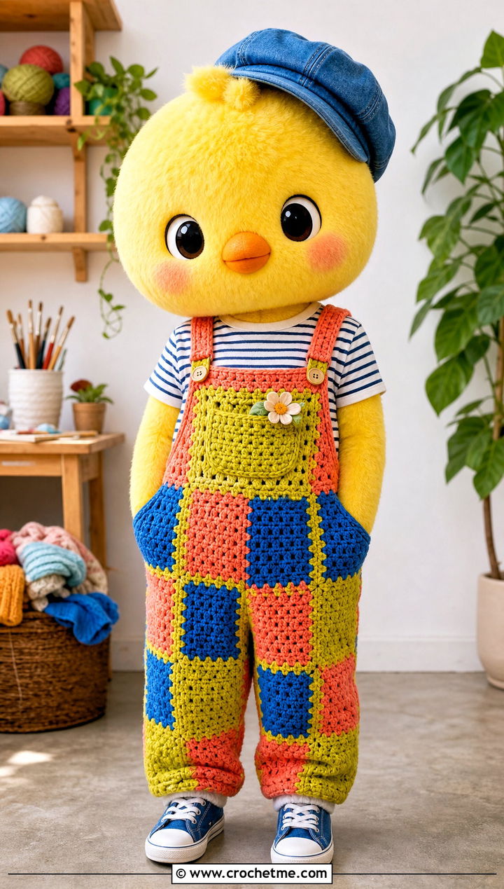 Crochet SKZOO Patchwork Overalls With Striped T Shirt - 30 Crochet Skzoo Clothes and outfit ideas