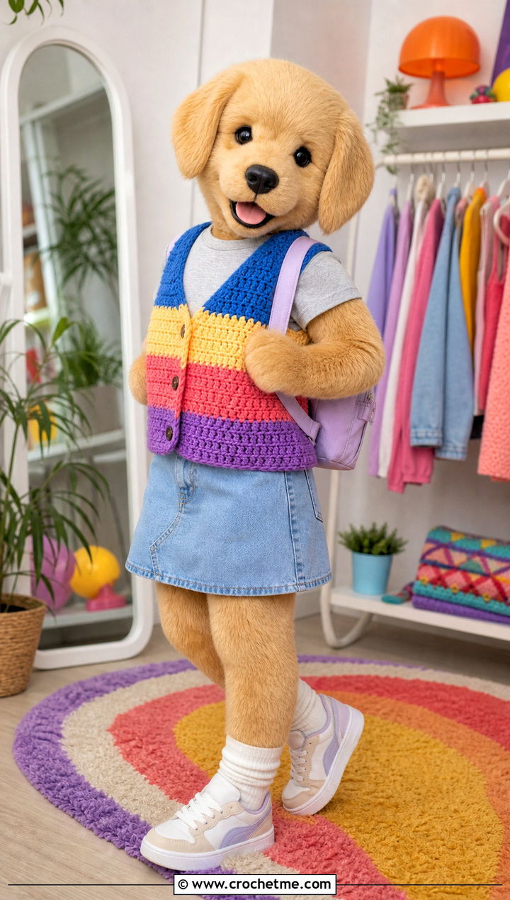 Crochet SKZOO Rainbow Vest With Denim Skirt - 30 Crochet Skzoo Clothes and outfit ideas