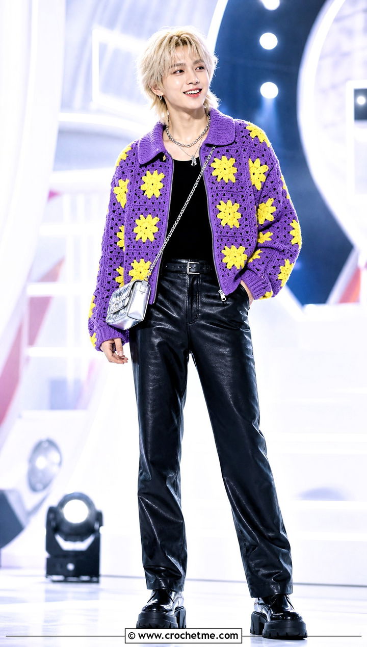 Crochet SKZOO Star Motif Jacket With Faux Leather Pants - 30 Crochet Skzoo Clothes and outfit ideas