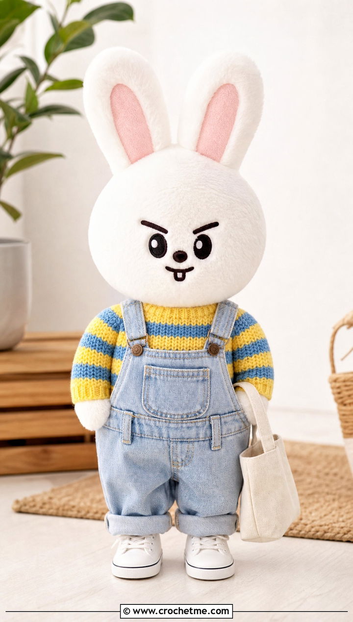 Crochet SKZOO Striped Pullover With Denim Overalls - 30 Crochet Skzoo Clothes and outfit ideas