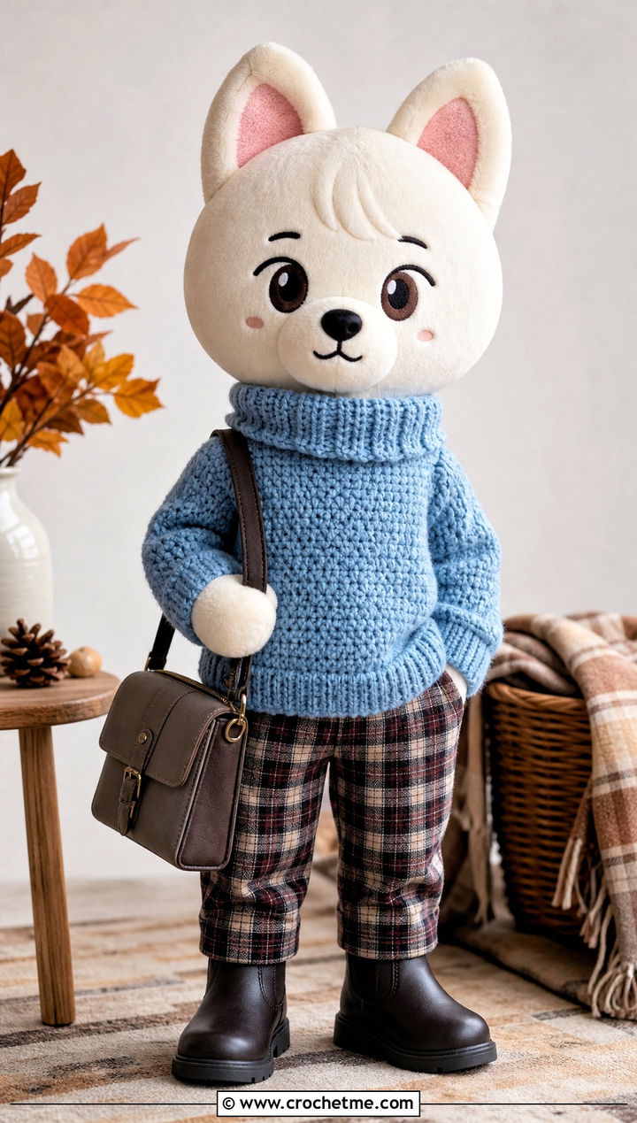 Crochet SKZOO Turtleneck Sweater With Plaid Trousers - 30 Crochet Skzoo Clothes and outfit ideas