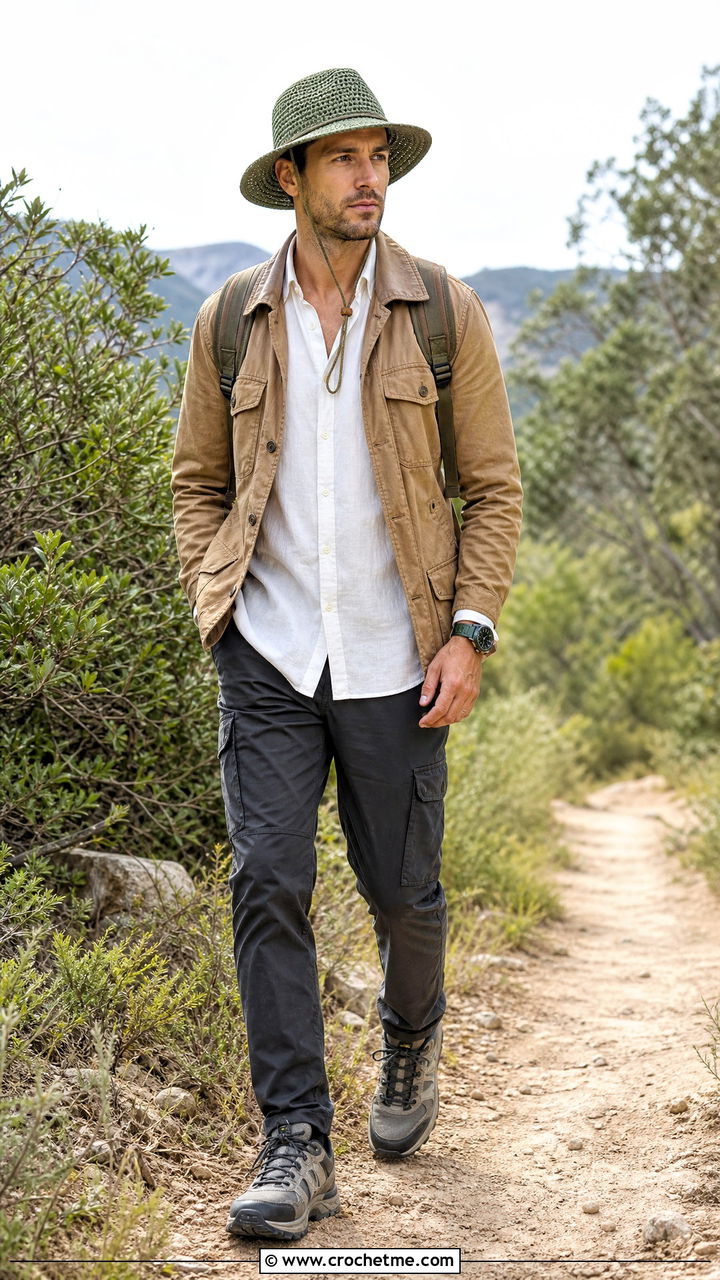 Crochet Safari Hat With Field Jacket - 35 men's crochet hat outfit ideas