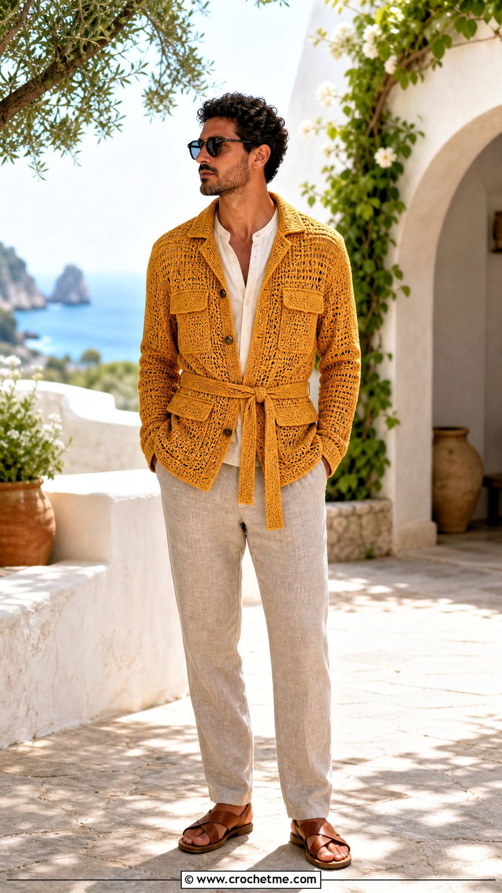 Crochet Safari Jacket With Linen Trousers - 35 crochet jacket for men outfit ideas