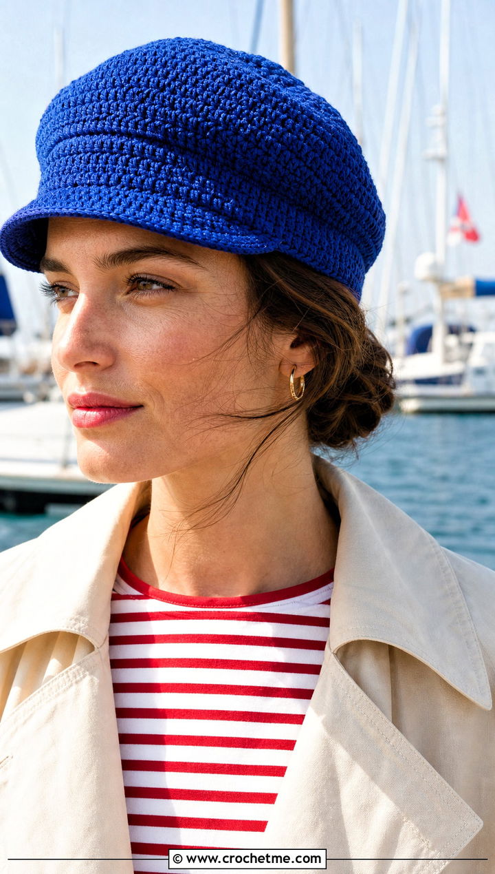 Crochet Sailor Cap With Breton Top - 30 aesthetic crochet hat ideas