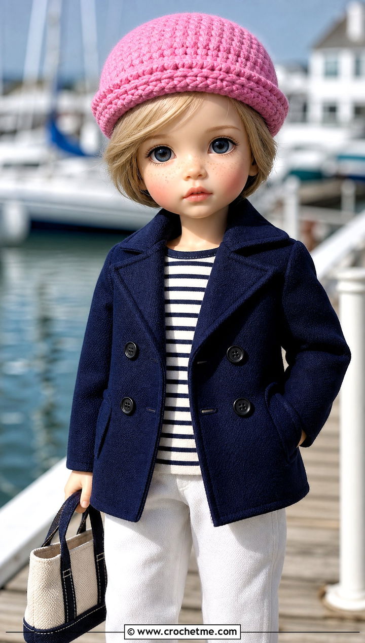 Crochet Sailor Cap With Peacoat And White Trousers - 35 crochet hat for doll outfit ideas