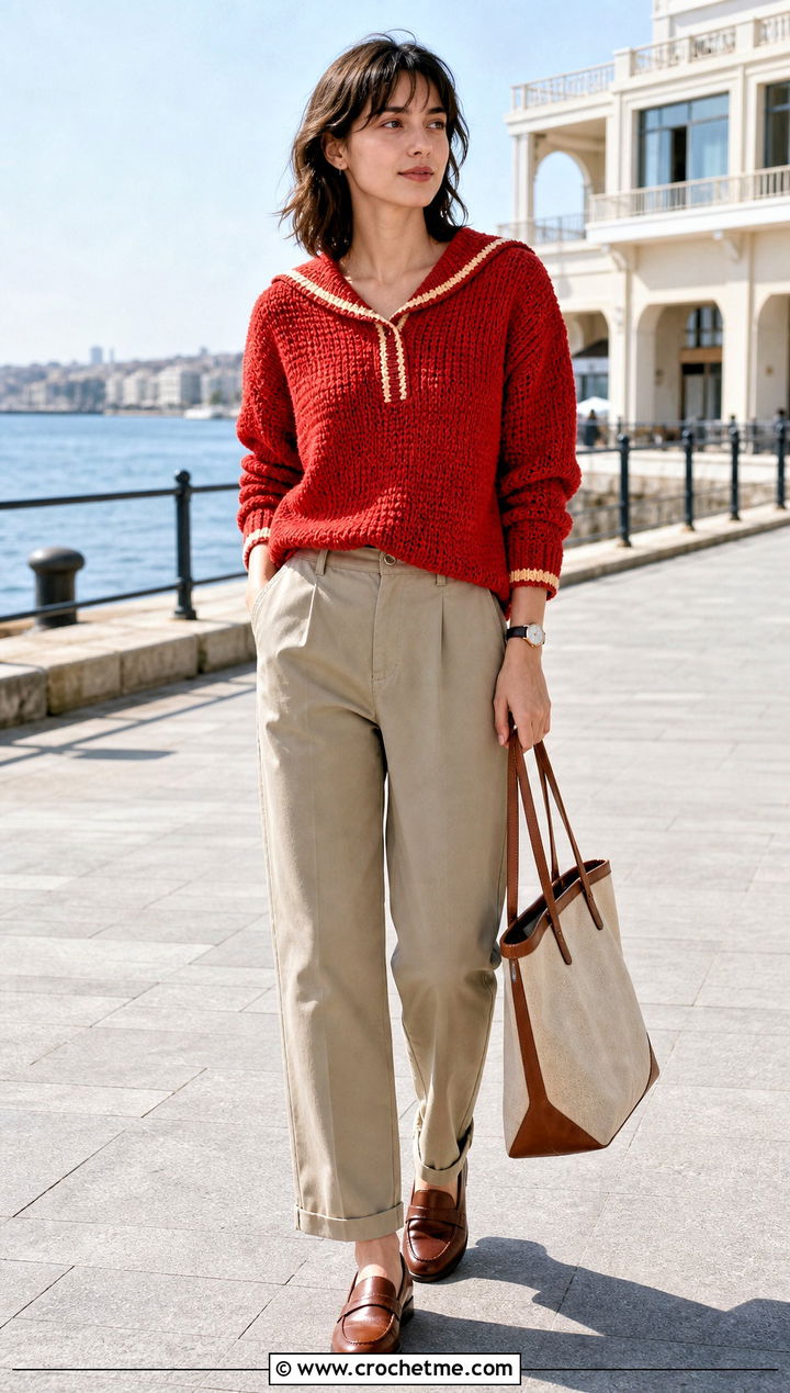 Crochet Sailor Collar Sweater With Chino Pants - 30 vintage crochet clothes and outfit ideas