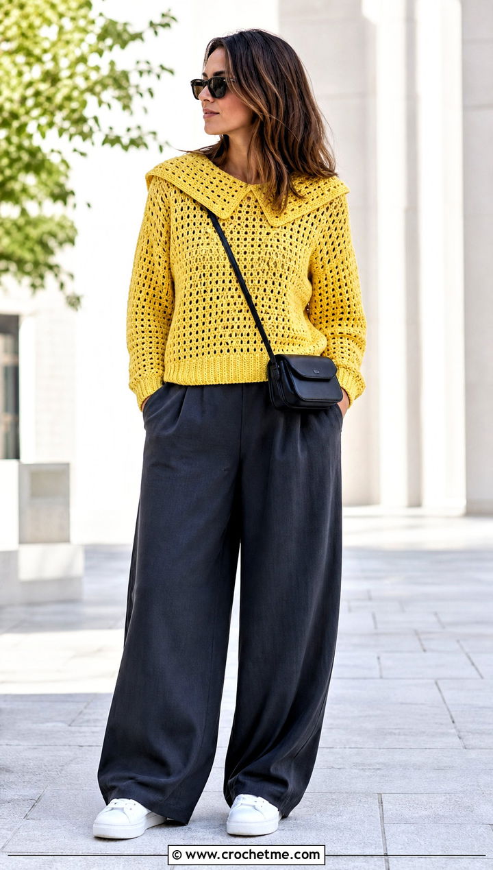 Crochet Sailor Collar Sweater With Wide Leg Trousers - 35 crochet sweater with collar outfit ideas