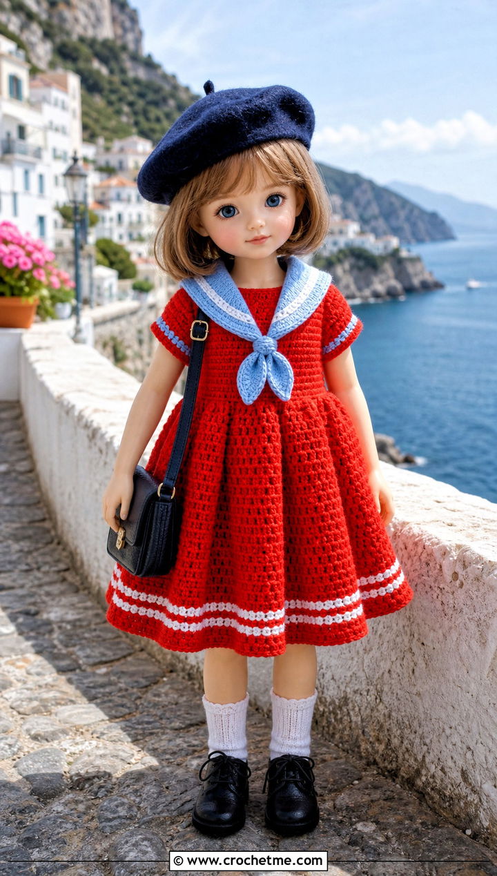 Crochet Sailor Doll Dress With Beret - 25 Crochet Mini Doll Clothes and outfit ideas