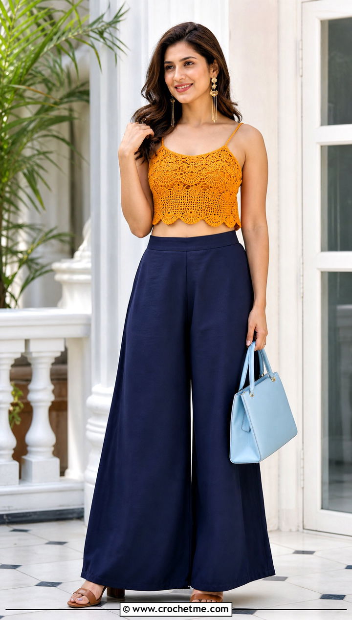 Crochet Scallop Hem Crop Top With Palazzo Pants - 35 Elegant Crochet Top outfit ideas