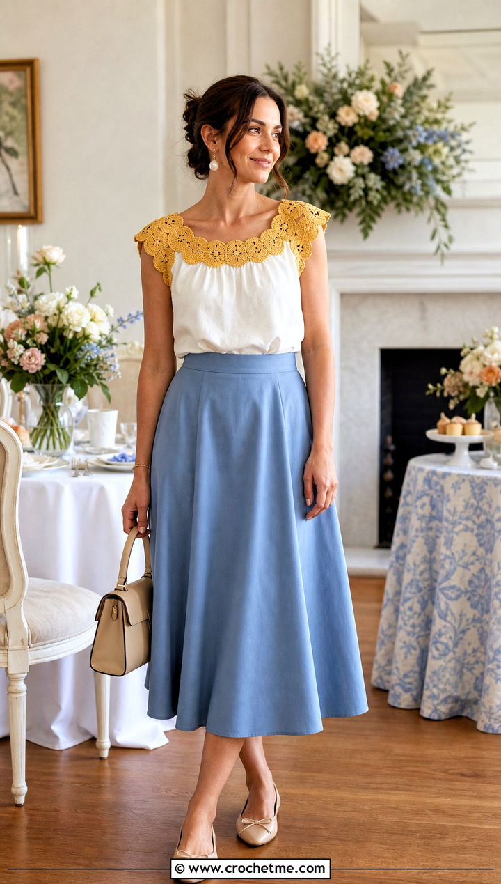 Crochet Scallop Shell Blouse With A Line Midi Skirt - 30 crochet and fabric top outfit ideas
