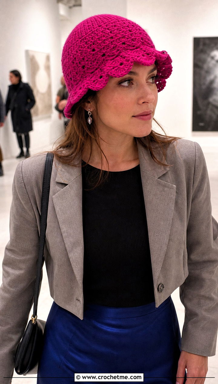 Crochet Scalloped Brim Beanie With Satin Midi Skirt - 20 Crochet Beanie With Brim outfit ideas