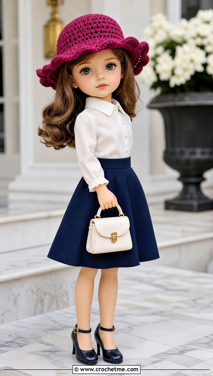 Crochet Scalloped Brim Hat With Blouse And A Line Skirt - 35 crochet hat for doll outfit ideas