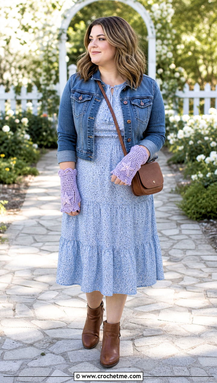 Crochet Scalloped Edge Star Gloves With Prairie Dress - 35 crochet star gloves outfit ideas