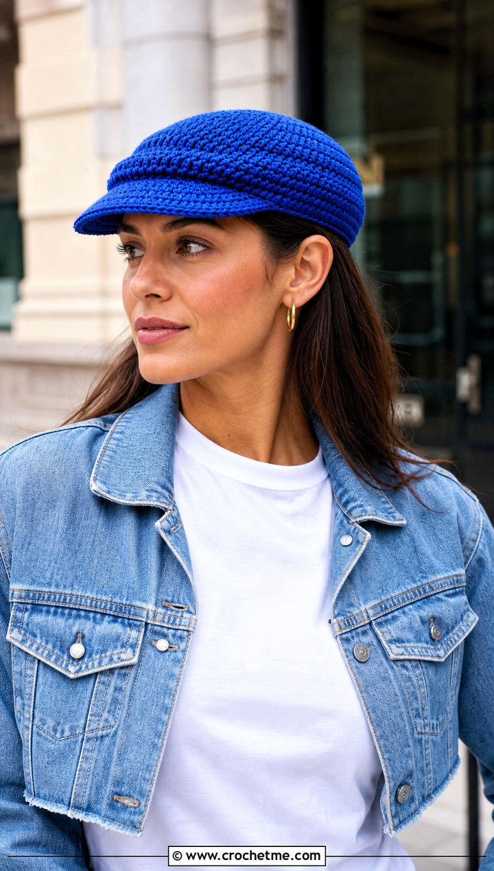 Crochet Scally Cap With Denim Jacket - 20 Flat Top Crochet Hat outfit ideas