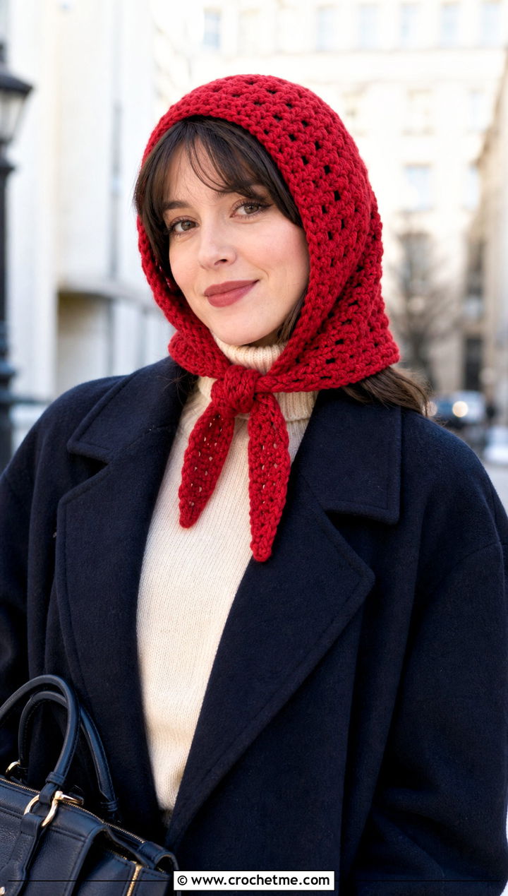 Crochet Scarf Bonnet With Long Coat - 30 mini crochet scarf outfit ideas