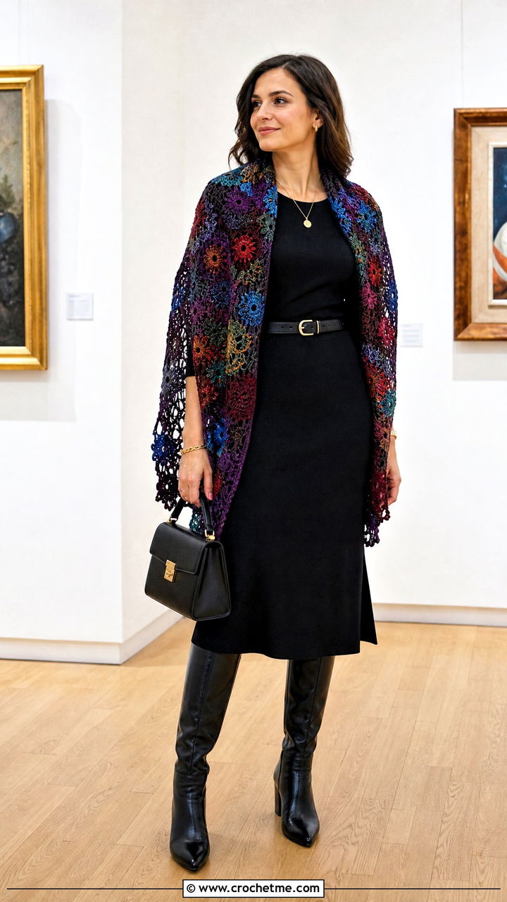 Crochet Scarf With Black Midi Dress - 35 crochet scarf outfit ideas